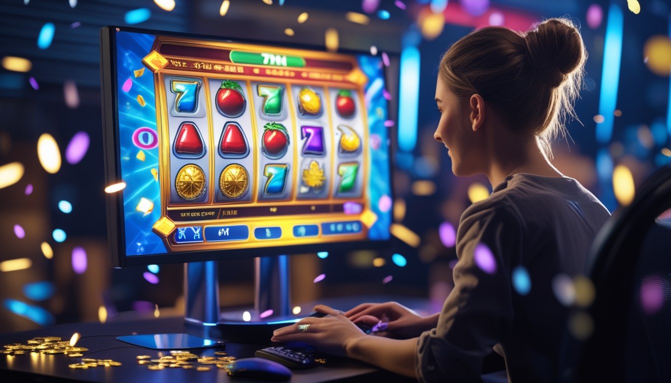 Seseorang memainkan permainan slot digital dengan simbol warna-warni dan efek kemenangan di layar komputer.