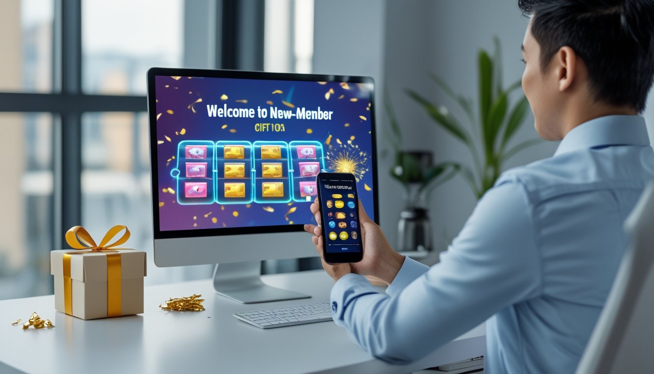 Seseorang menggunakan ponsel dengan tampilan permainan digital berwarna-warni di meja kantor modern.