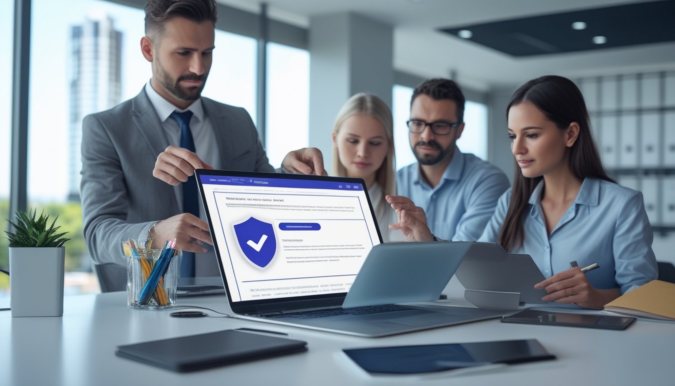 Tim profesional memeriksa keamanan dan kredibilitas platform digital menggunakan laptop dan dokumen.