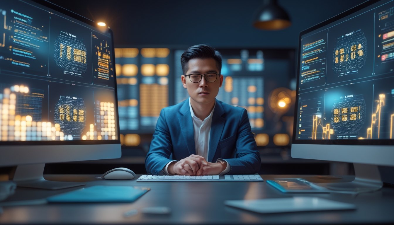 Seorang profesional menganalisis grafik abstrak di beberapa monitor dalam ruang kerja modern.