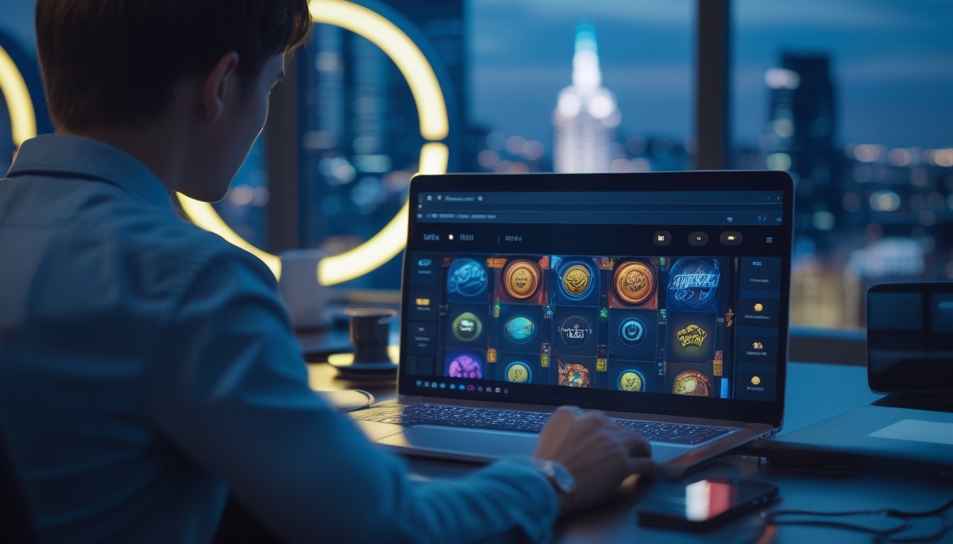 Seseorang menggunakan laptop dan ponsel dengan tampilan permainan digital bercahaya di ruang kerja modern pada malam hari.