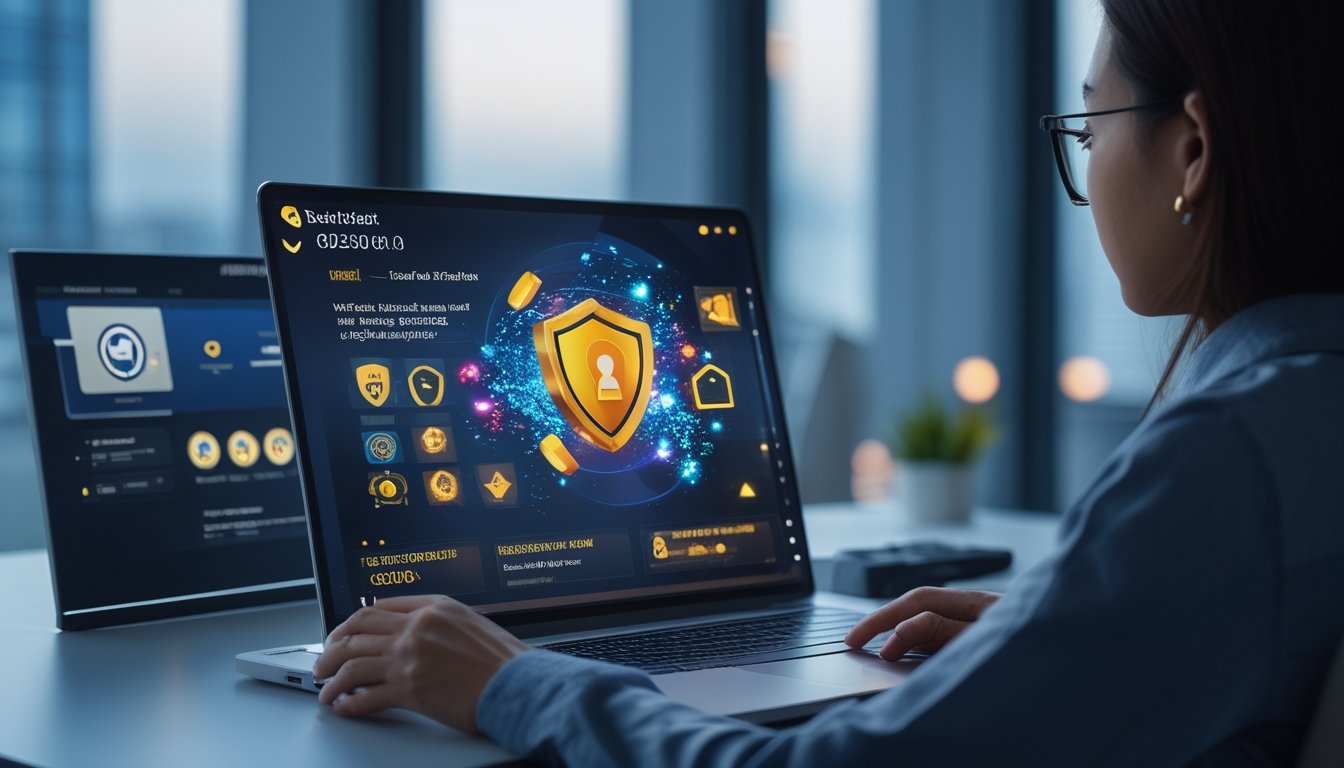 Orang dewasa melihat laptop dan ponsel dengan antarmuka permainan digital serta simbol keamanan di ruang kerja modern.