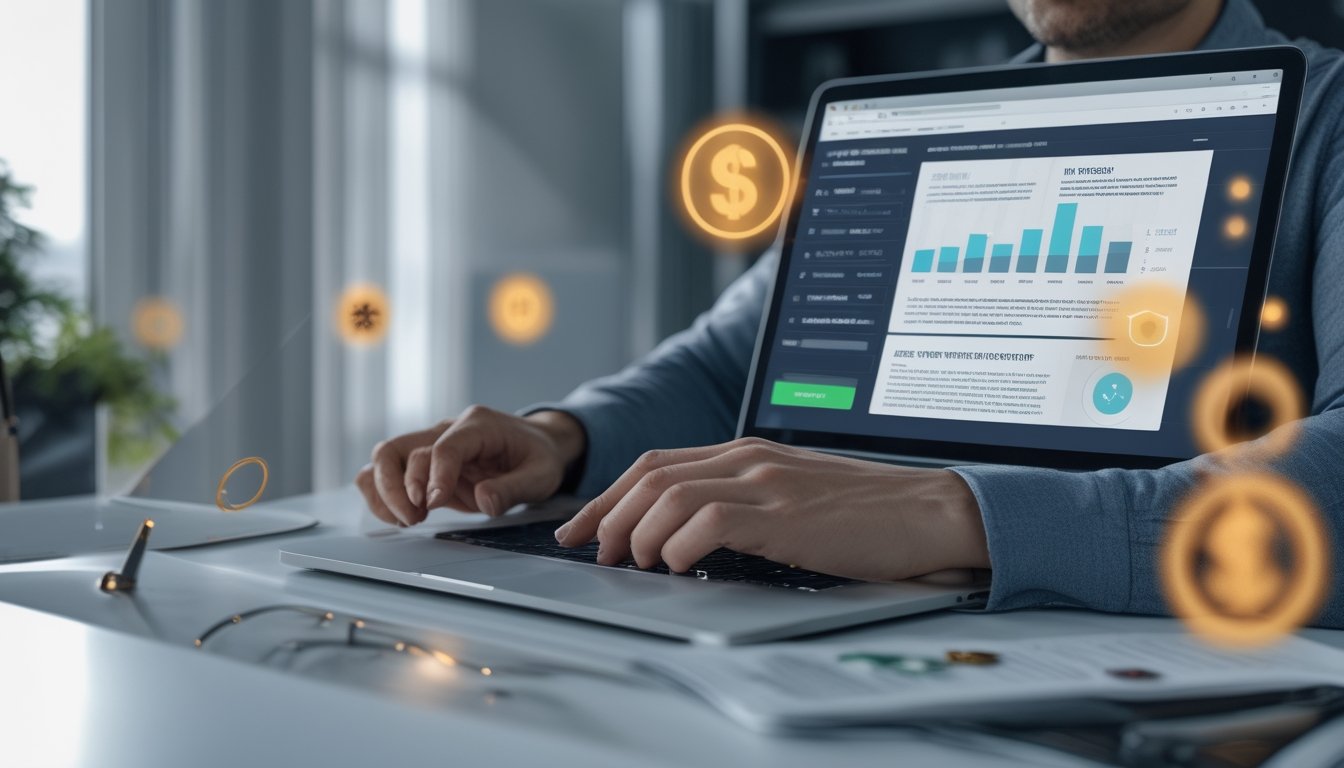 Orang dewasa menilai keamanan dan risiko platform perjudian online di depan laptop.