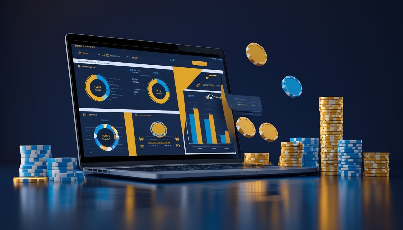 Laptop dengan grafik perbandingan abstrak dan keping permainan di atas meja kerja modern.
