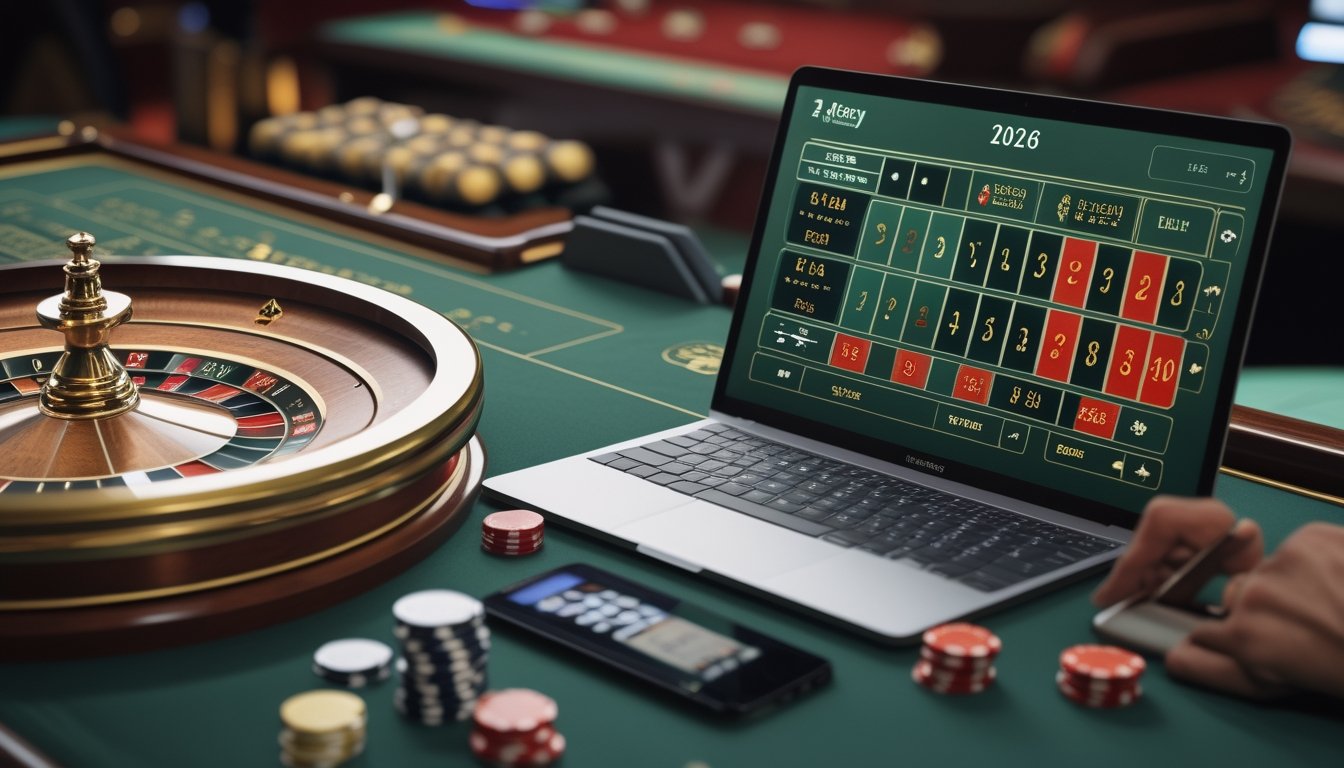 Roda roulette Amerika, chip kasino, dan perangkat digital di meja kasino elegan.