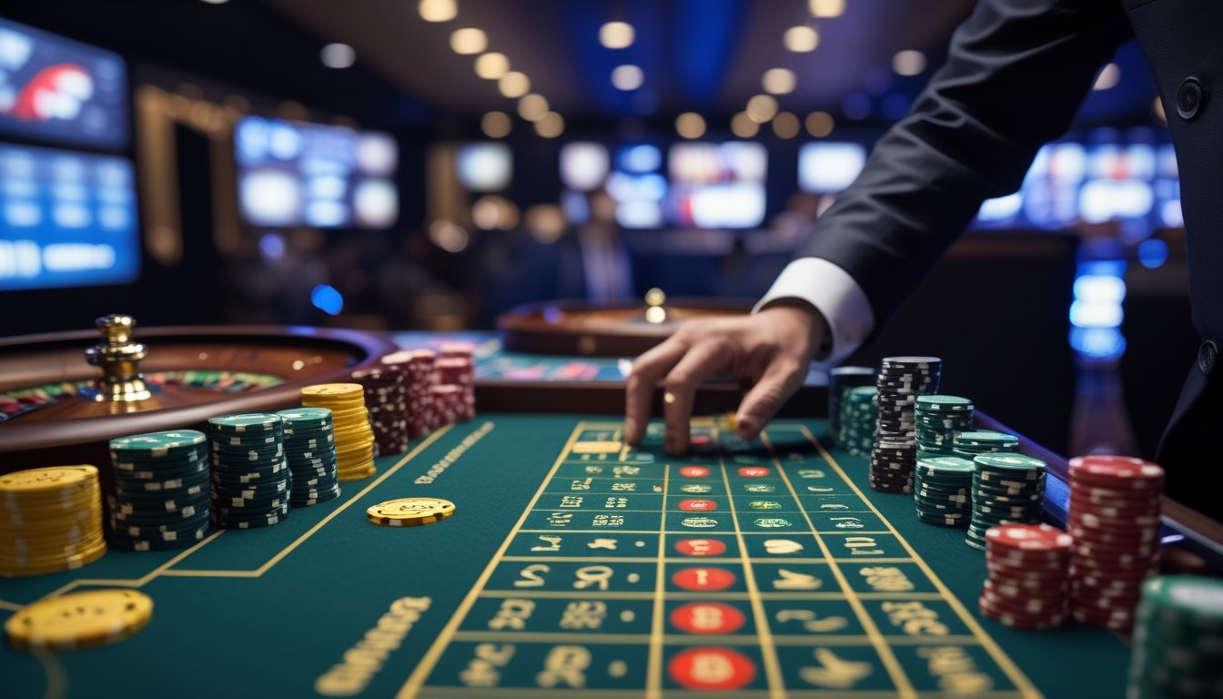 Meja roulette Amerika dengan roda roulette, bola, dan keping taruhan di suasana kasino modern.