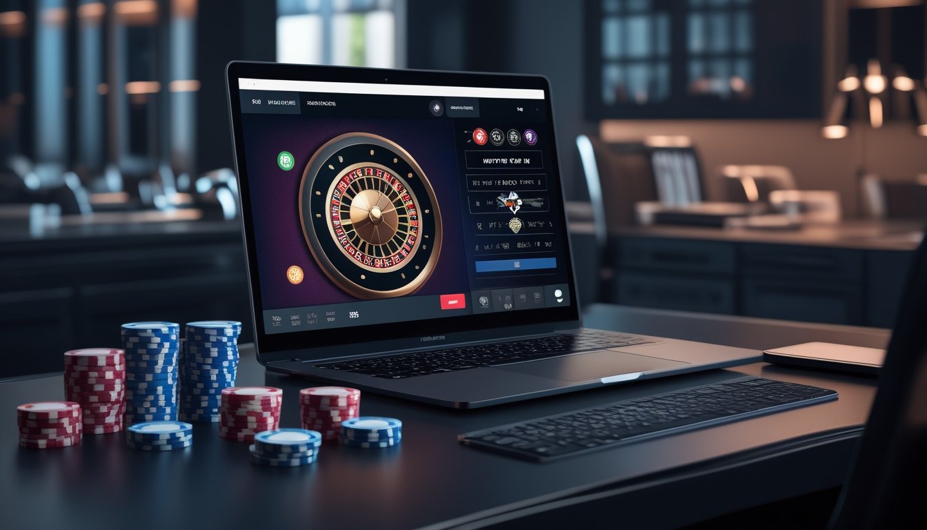 Laptop menampilkan permainan rolet Amerika dengan keping taruhan dan ponsel di atas meja.