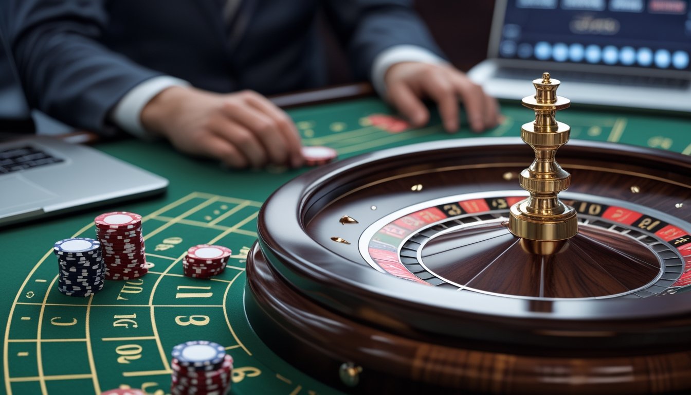 Roda American roulette dengan bola putih dan keping taruhan di atas meja kasino.