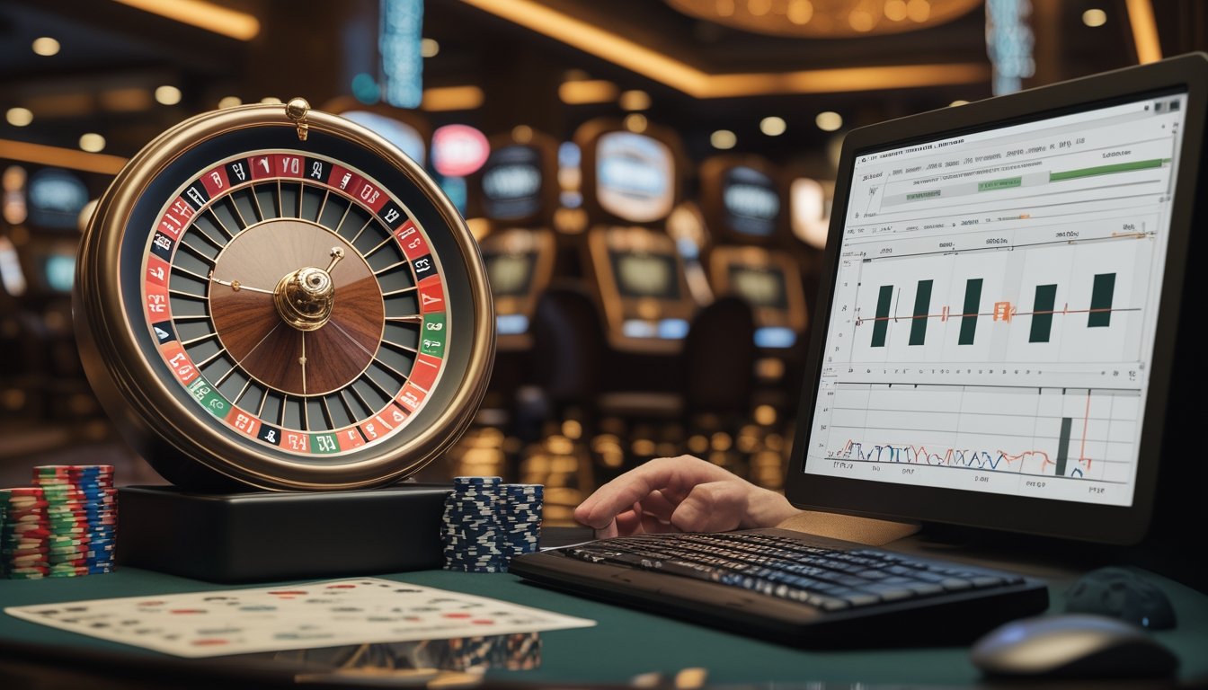 Meja roulette Amerika dengan chip kasino, kalkulator, dan layar berisi grafik analisis probabilitas.