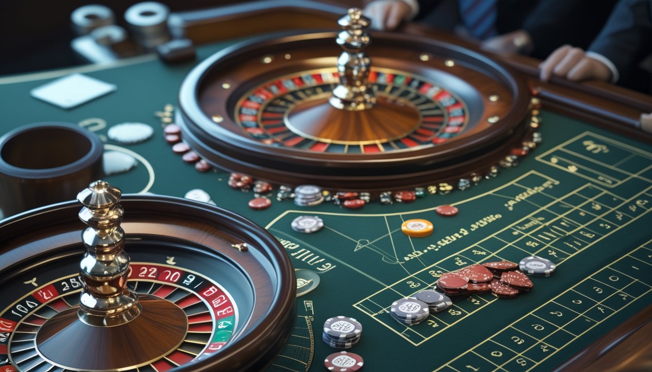 Roda roulette Amerika dengan chip taruhan dan elemen visual analisis probabilitas di lingkungan kasino digital.