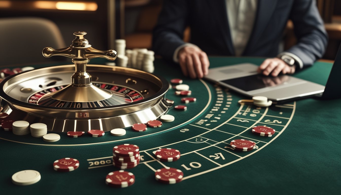 Roda roulette Amerika dengan angka 0 dan 00, keping kasino, dan perangkat digital di lingkungan kasino elegan.