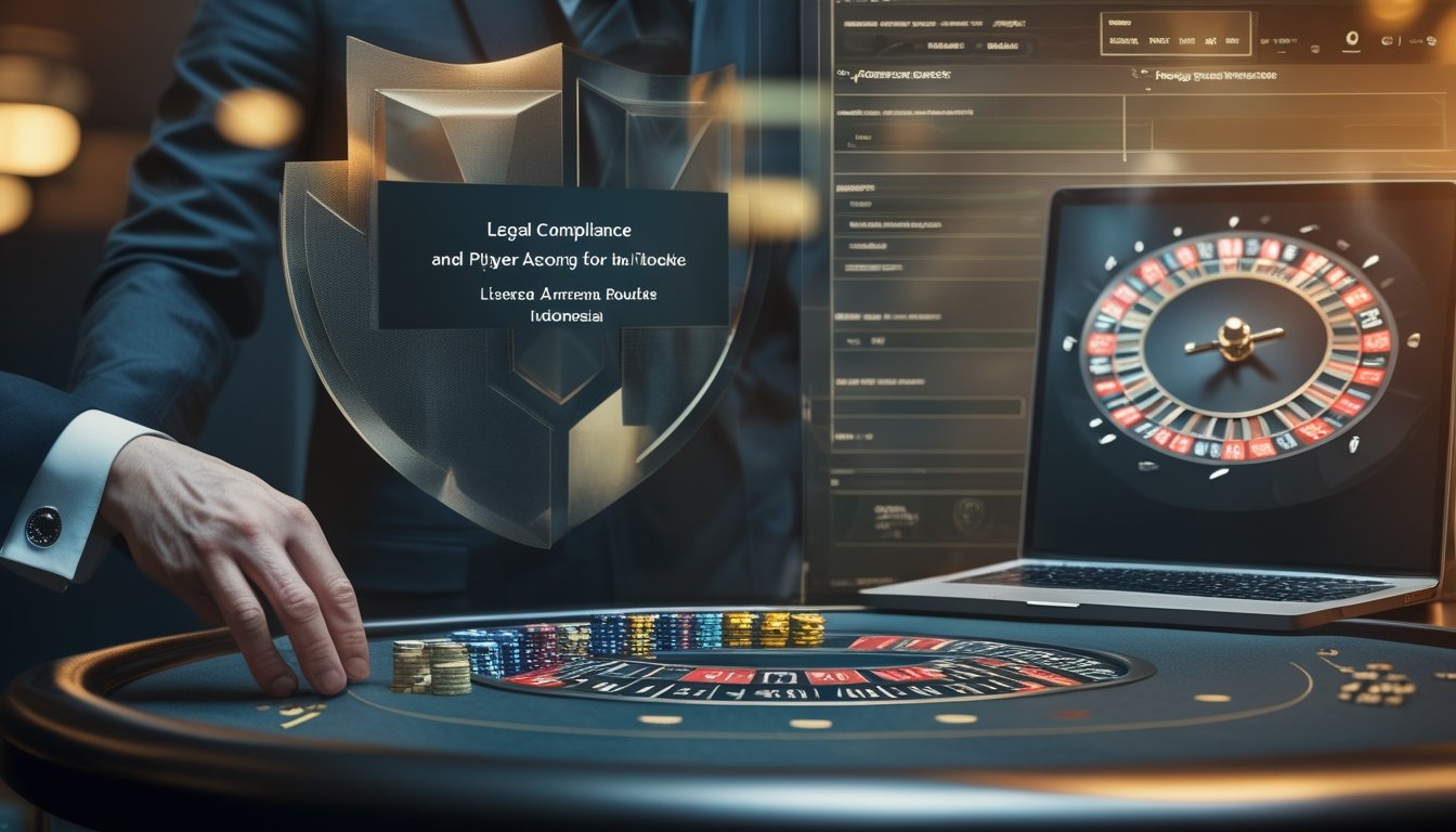 Roda roulette American di meja kasino dengan elemen perisai digital yang melambangkan keamanan dan legalitas.
