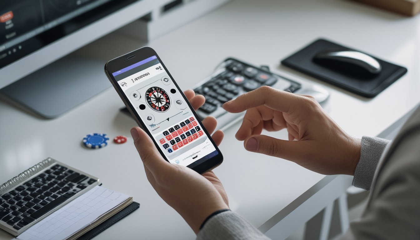 Orang dewasa mengatur anggaran taruhan roulette melalui ponsel dengan bantuan kalkulator, buku catatan, dan chip yang tertata.