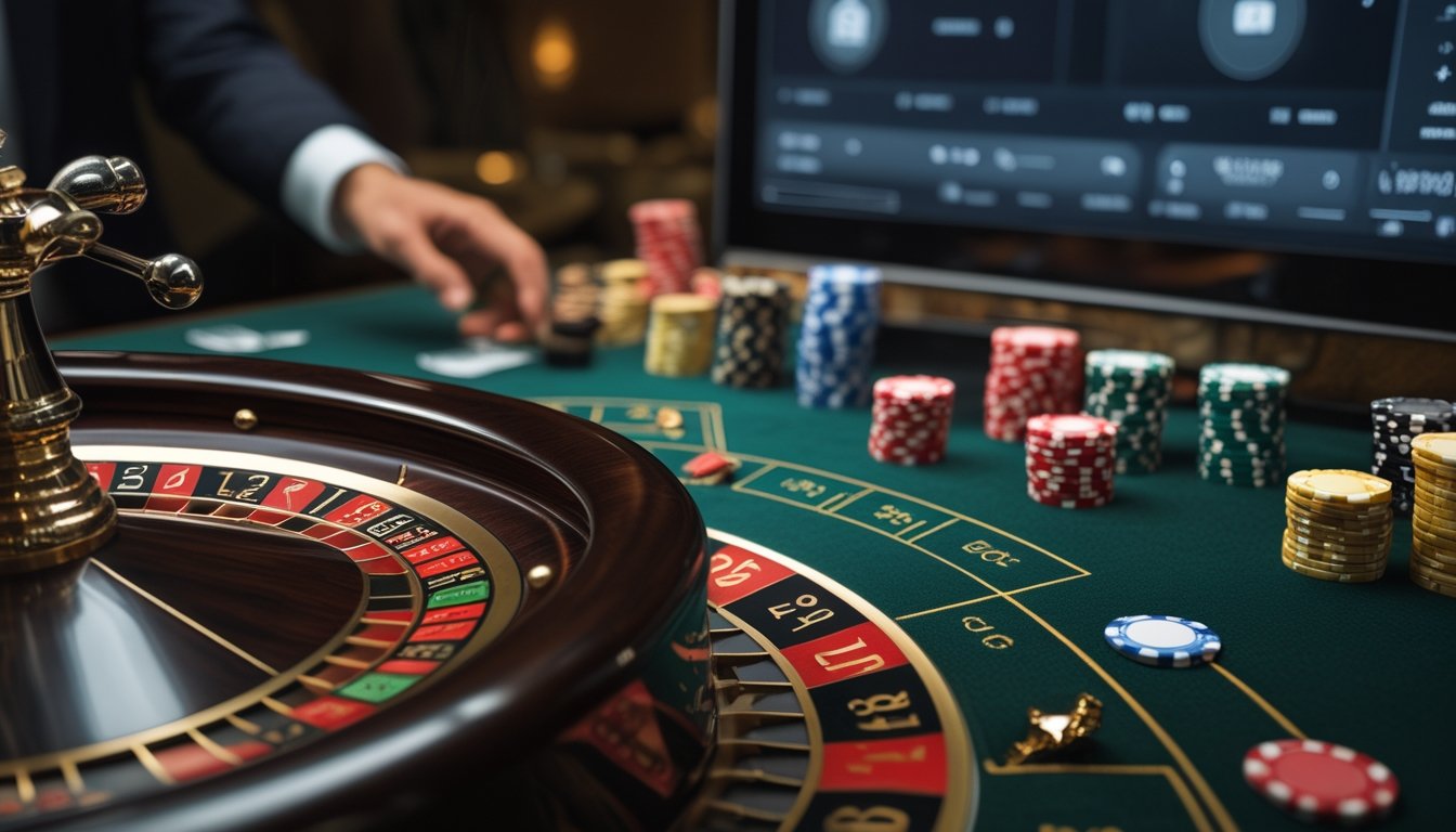 Roda roulette Amerika dengan bola putih, keping taruhan, dan layar permainan daring berlatar belakang.