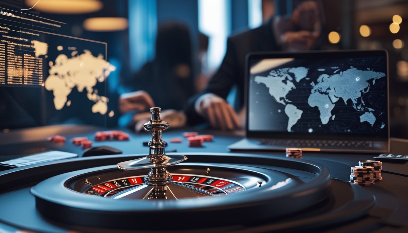 Meja roulette Amerika modern dengan roda roulette dan simbol konektivitas global.