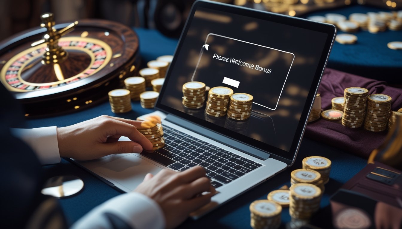 Perangkat digital menampilkan proses pendaftaran akun roulette di samping roda roulette, bola, dan keping kasino.