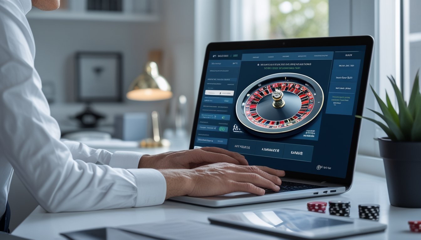 Seseorang meninjau proses pendaftaran platform roulette online yang aman di laptop dengan simbol verifikasi dan roda roulette.