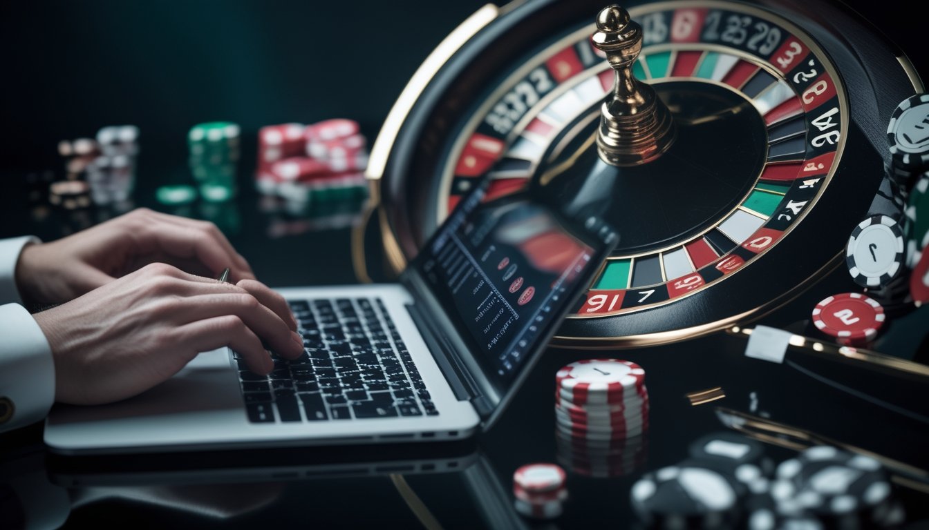 Seorang analis mengamati roda roulette Amerika dengan laptop yang menampilkan grafik abstrak di meja kasino.