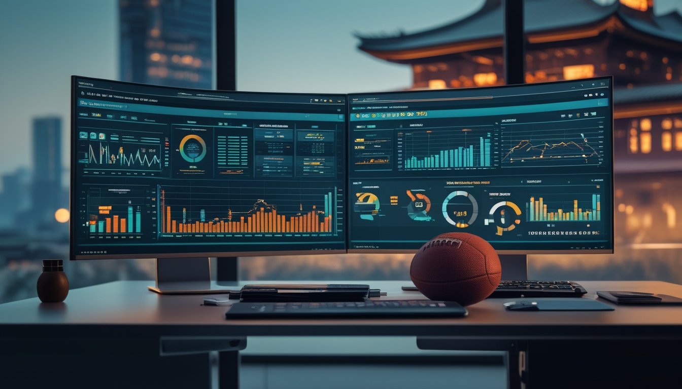 Ruang kerja analisis dengan layar grafik abstrak, bola sepak, laptop, kalkulator, dan pemandangan kota di latar belakang.