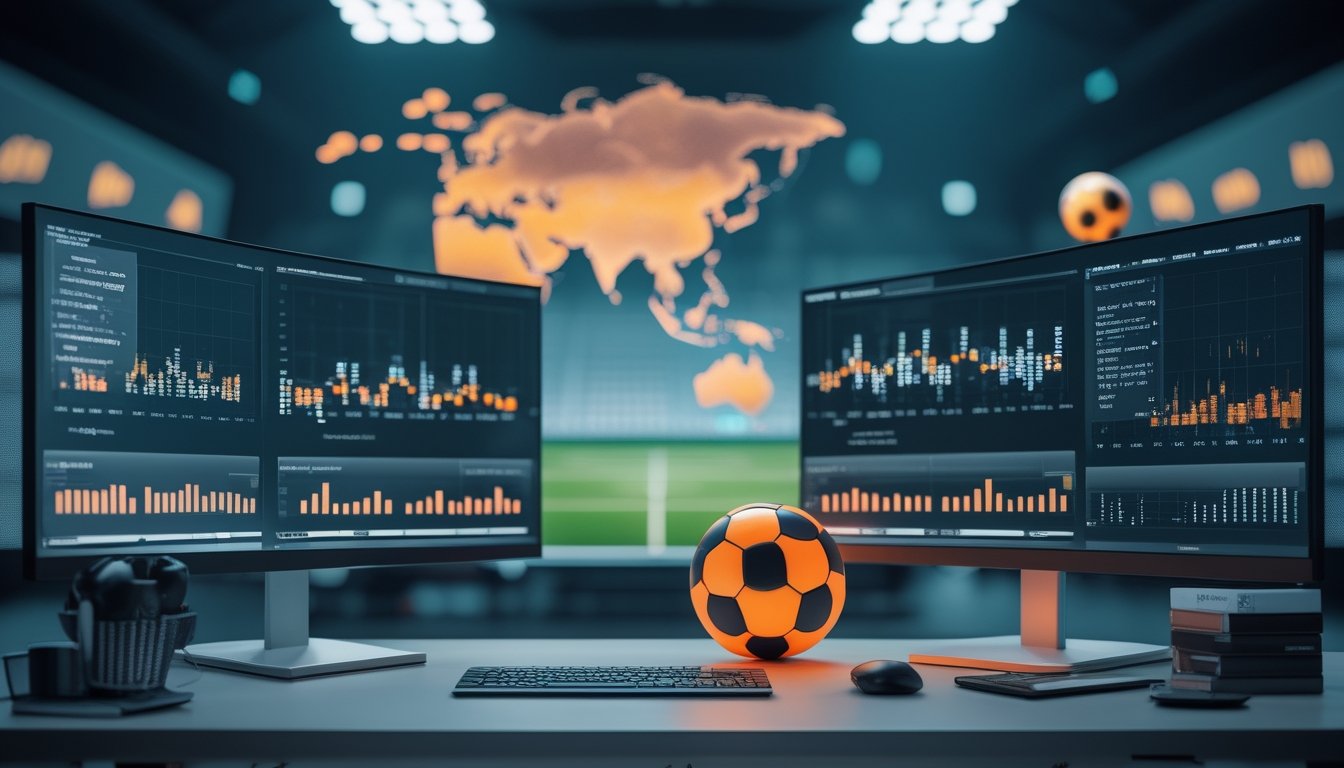 Meja analisis modern dengan bola sepak, layar grafik perbandingan, dan suasana stadion di latar belakang.