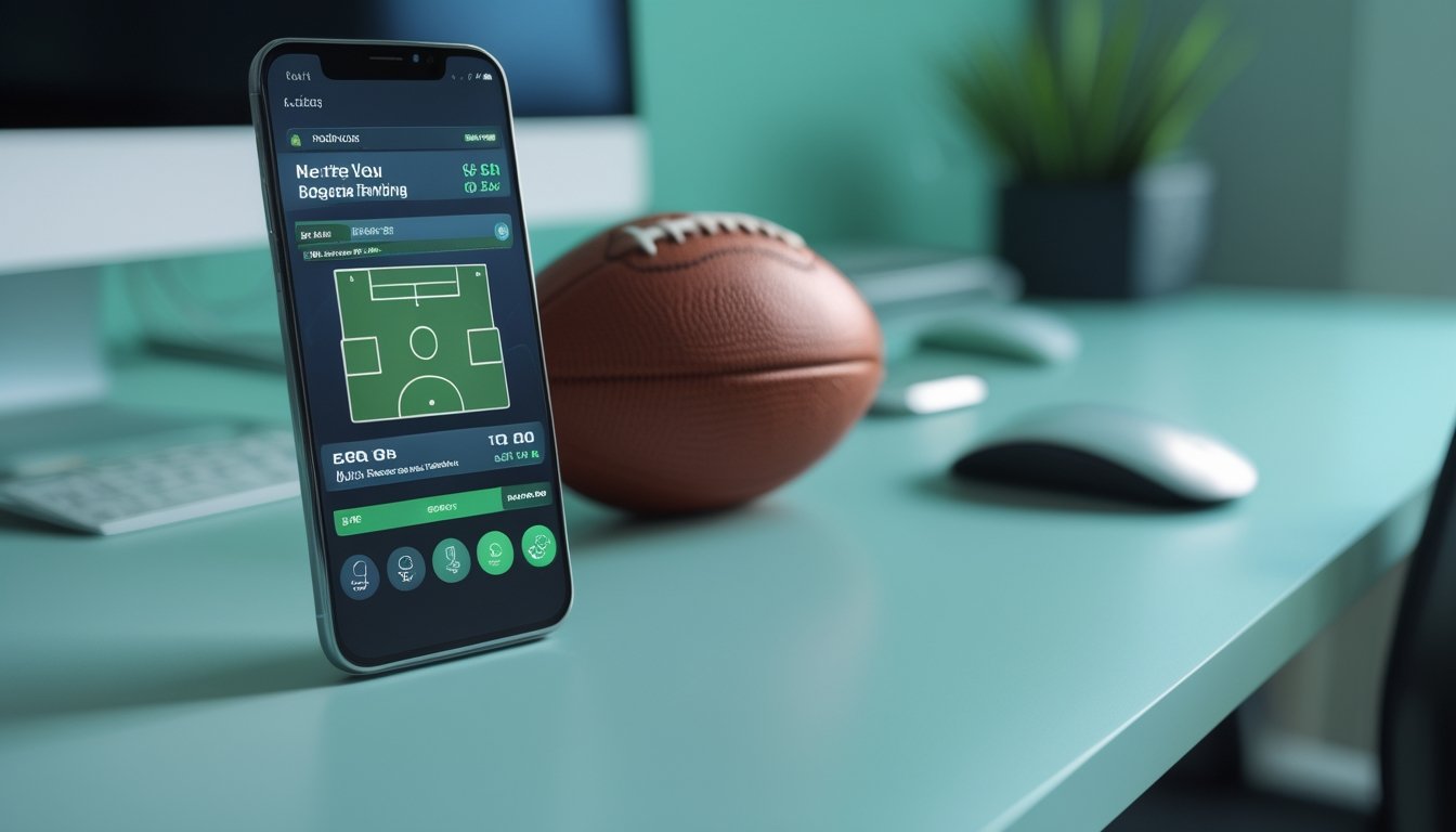Ponsel dengan tampilan pertandingan sepak bola generik diletakkan di samping bola sepak di atas meja modern.