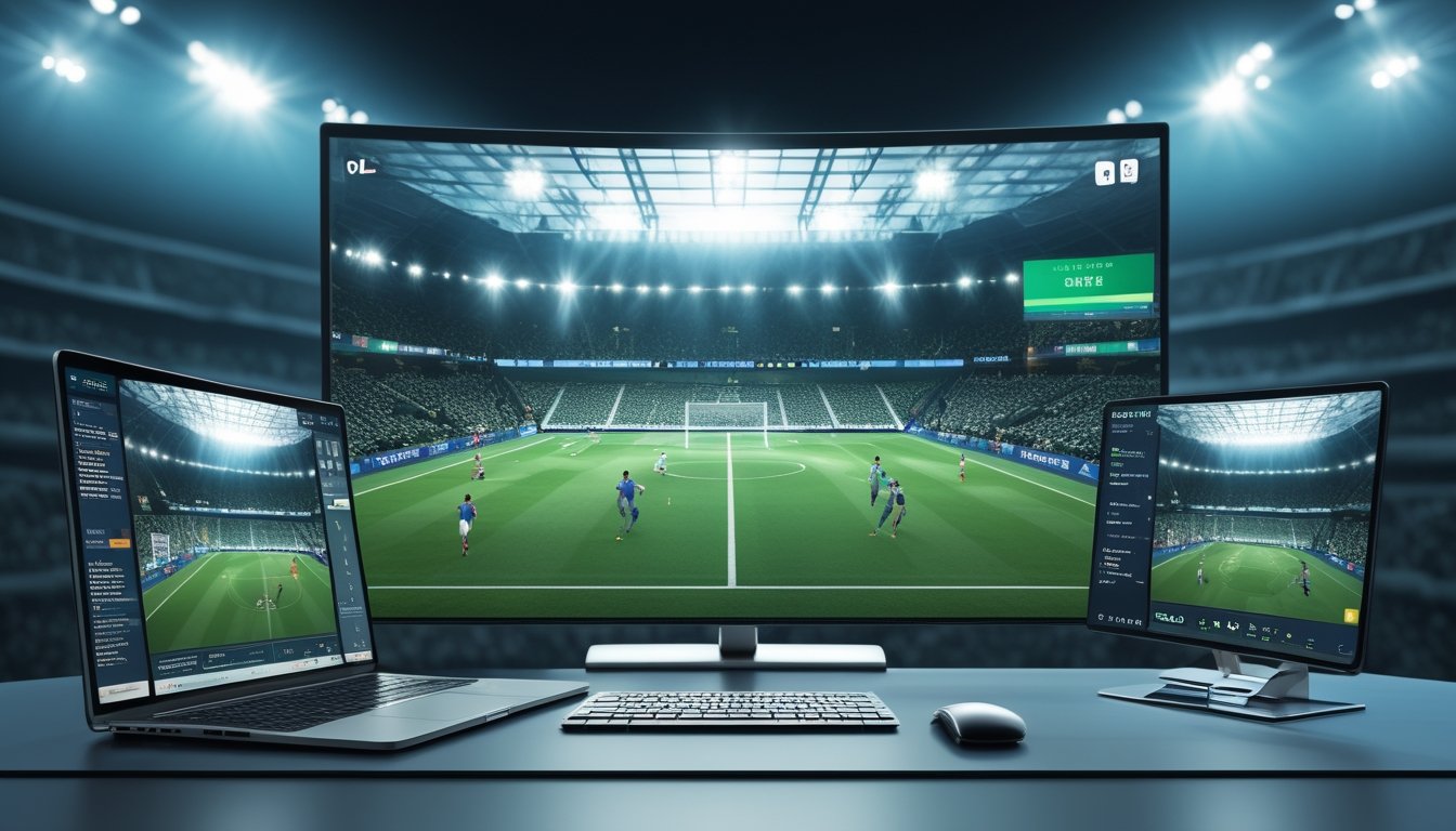 Studio modern dengan layar besar yang menampilkan pertandingan sepak bola langsung dan beberapa perangkat digital.
