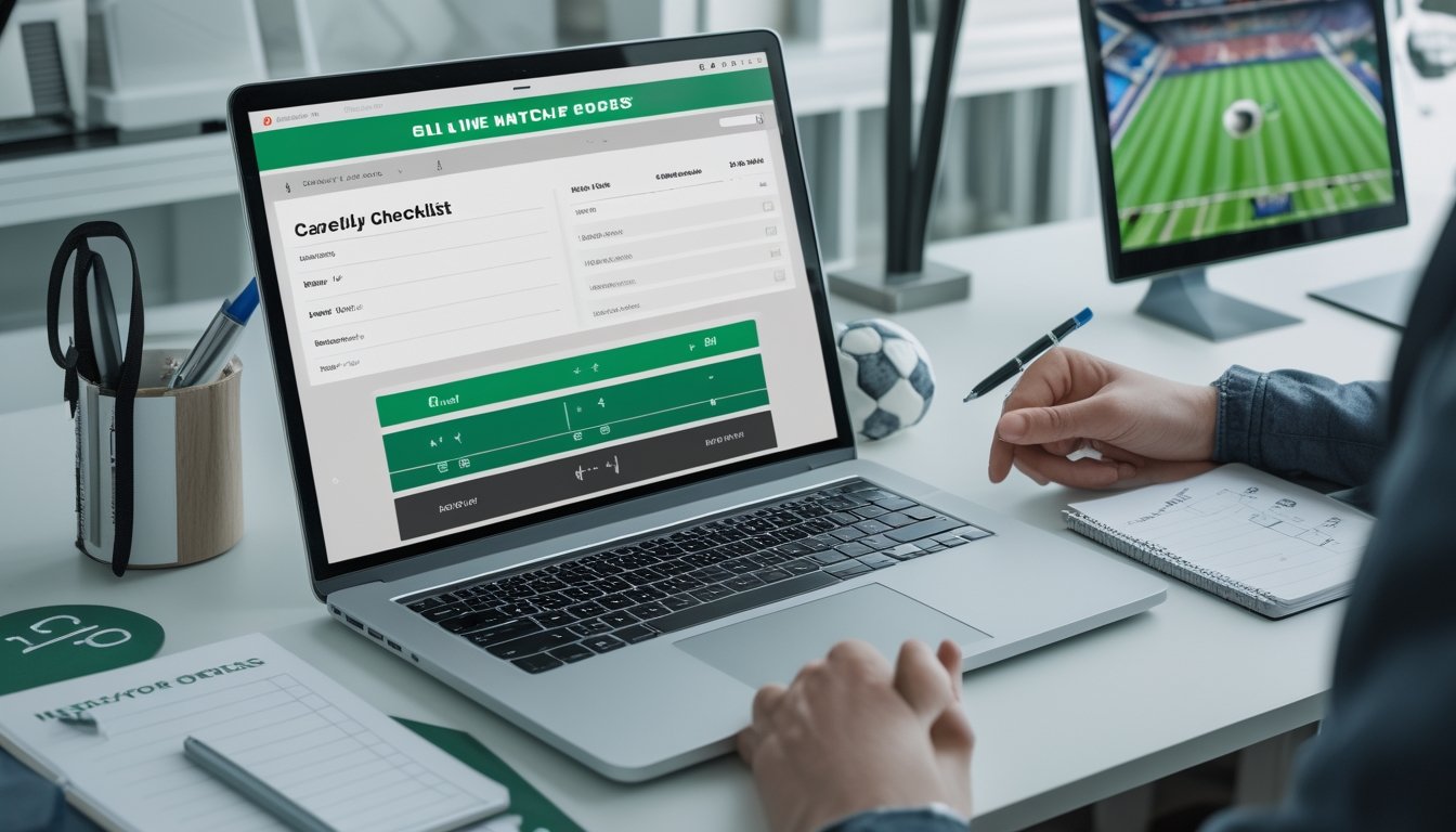 Seseorang memeriksa laptop dan ponsel yang menampilkan siaran pertandingan sepak bola di meja kerja dengan daftar periksa kosong dan simbol gembok.