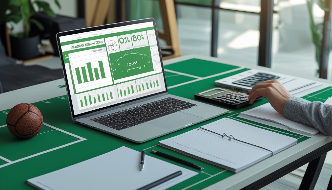 Meja kerja modern dengan laptop berisi analisis statistik pertandingan sepak bola, bola, dan catatan kosong.