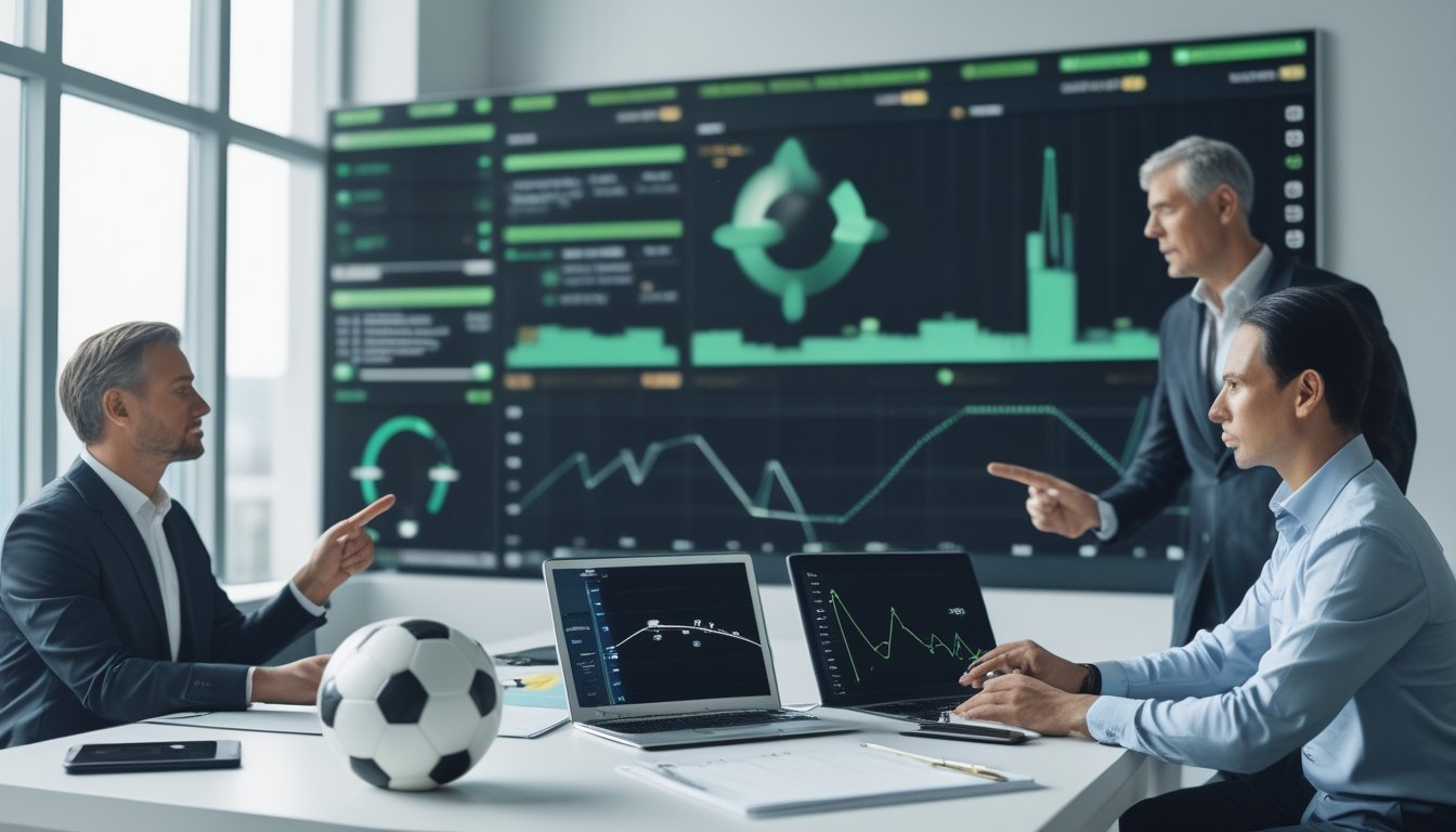 Dua analis mempelajari data pertandingan sepak bola di meja kerja dengan bola dan layar analitik.