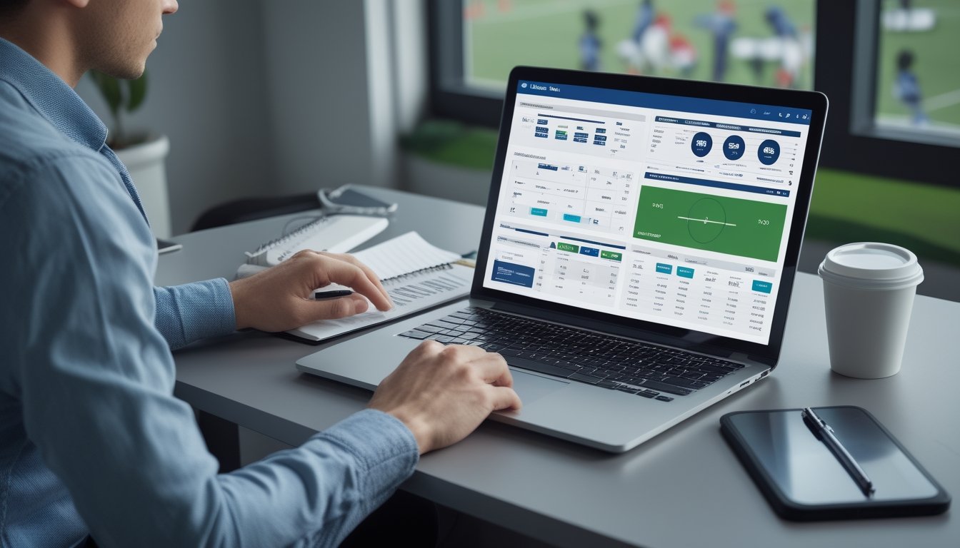 Seseorang menganalisis statistik pertandingan sepak bola dan anggaran pribadi di meja kerja.
