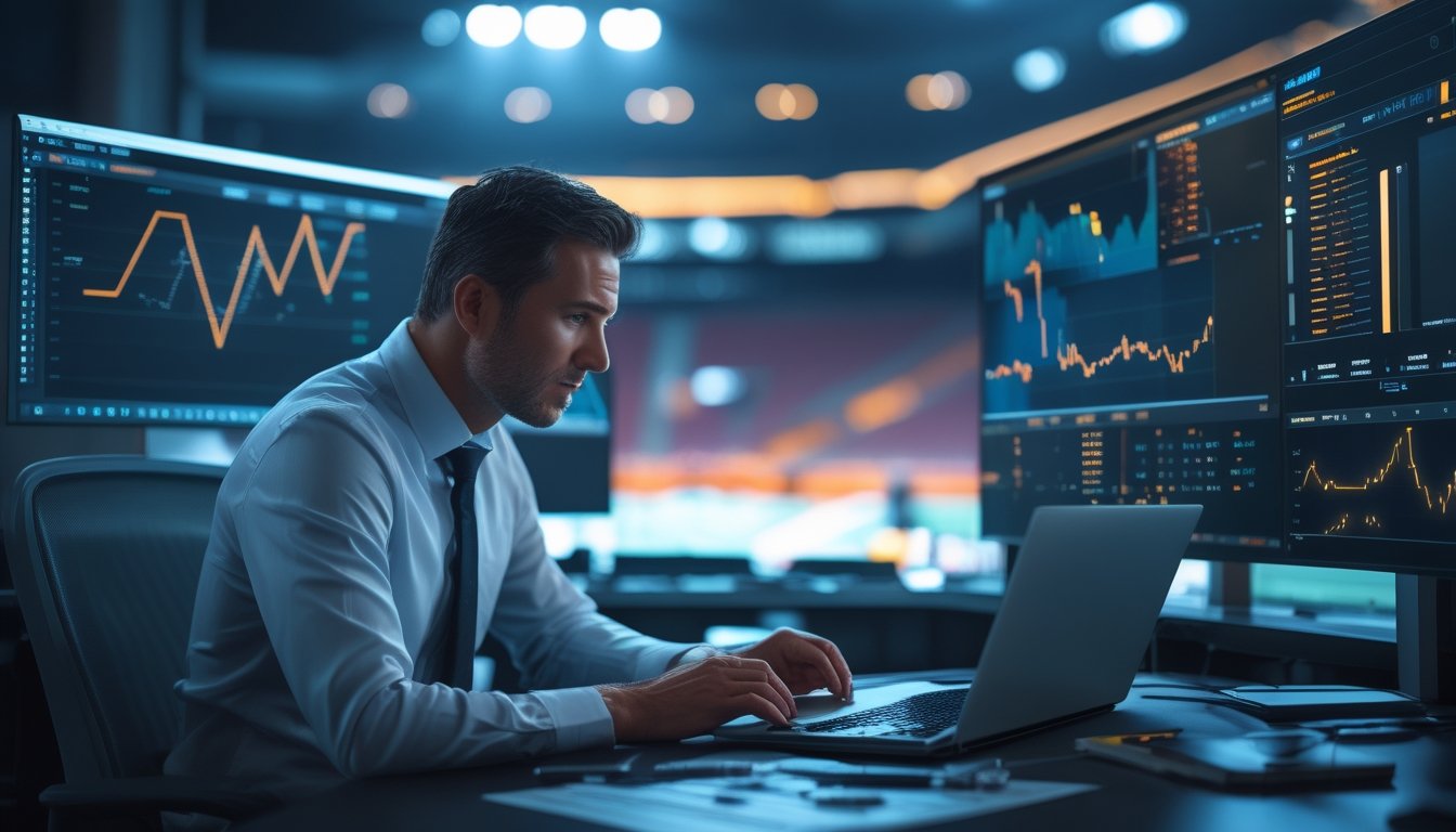 Seorang analis mempelajari grafik dan data pertandingan sepak bola di ruang kerja modern.