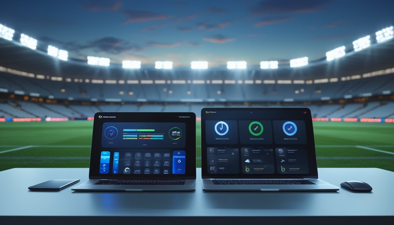 Ponsel dan laptop menampilkan antarmuka olahraga abstrak di depan stadion sepak bola yang terang.