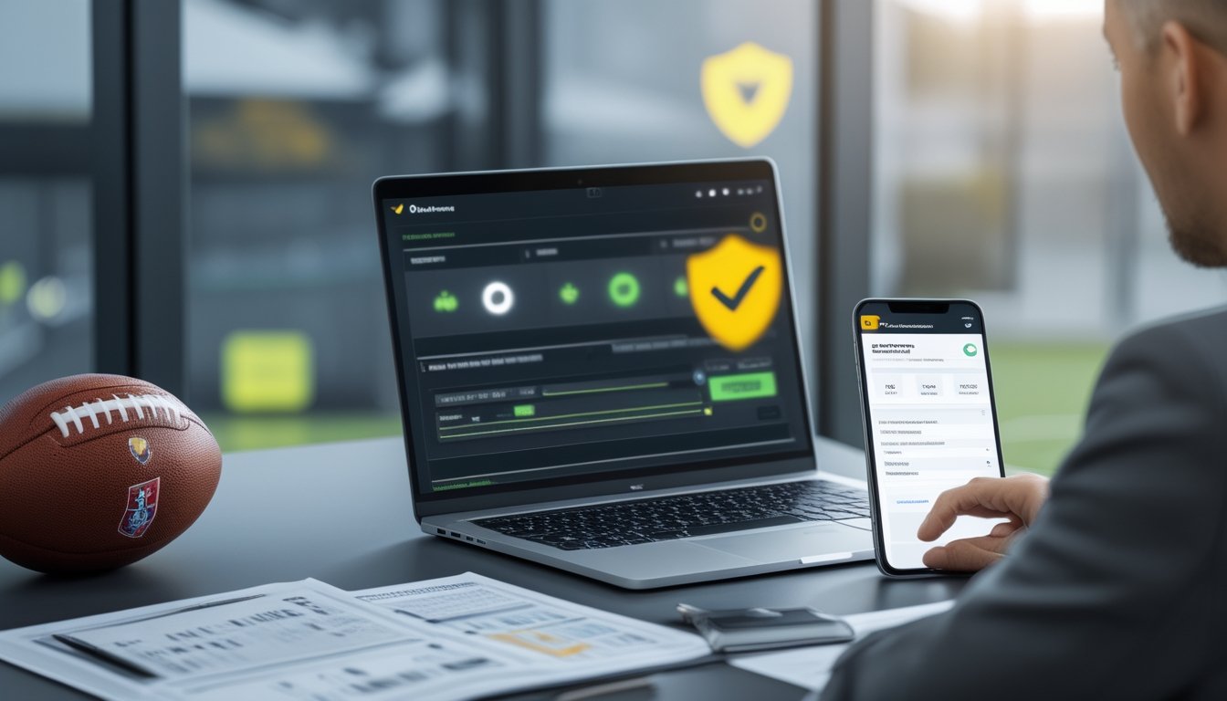 Meja kerja modern dengan laptop dan ponsel yang menampilkan antarmuka sepak bola aman, dilengkapi simbol perisai dan tanda verifikasi serta bola sepak.