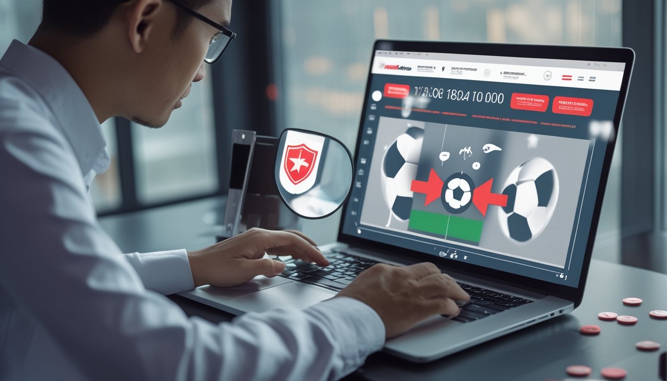 Seorang analis keamanan memeriksa laptop dan ponsel dengan simbol peringatan untuk mengenali situs taruhan bola online penipu.