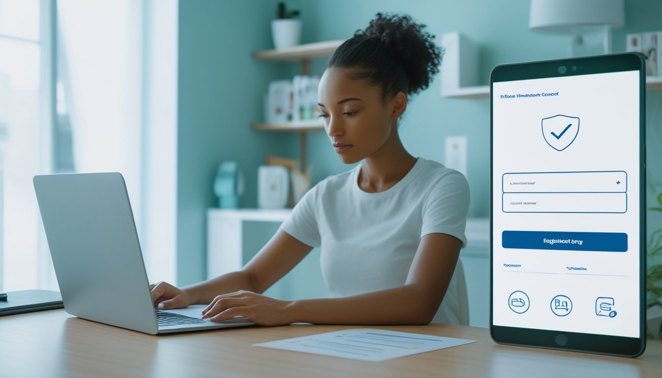 Orang dewasa mengisi formulir pendaftaran akun digital di laptop dengan ponsel dan dokumen identitas di meja.