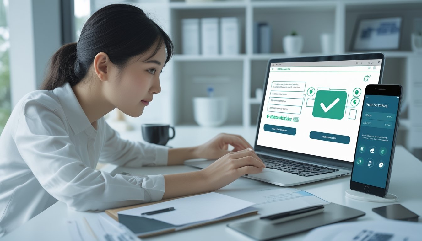 Seseorang memeriksa proses pendaftaran layanan online di laptop dengan simbol keamanan dan verifikasi di meja kerja.