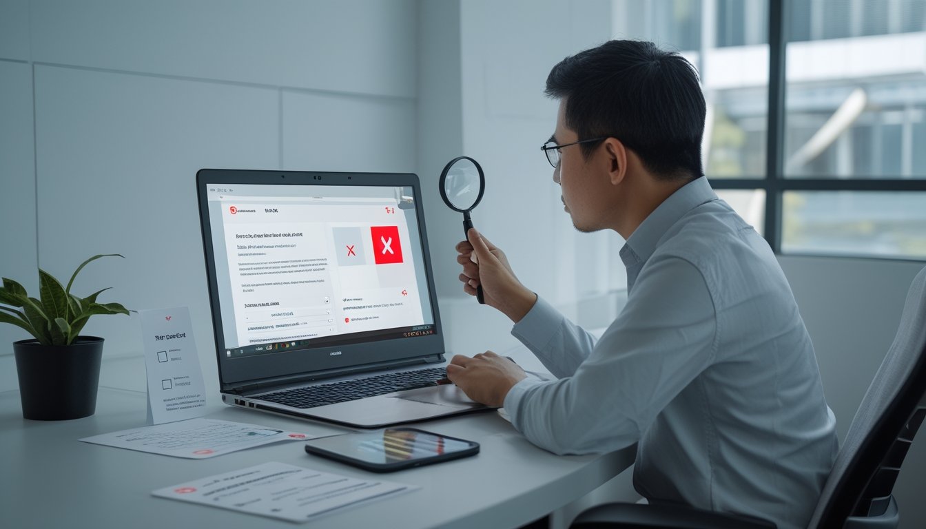 Pengguna memeriksa keamanan dan kredibilitas situs online melalui laptop dan ponsel sebelum mendaftar.