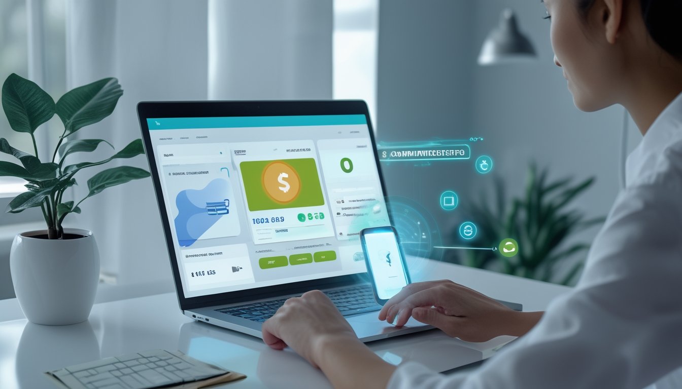 Seseorang menggunakan laptop dan ponsel untuk melakukan transaksi dompet digital dengan simbol keamanan.