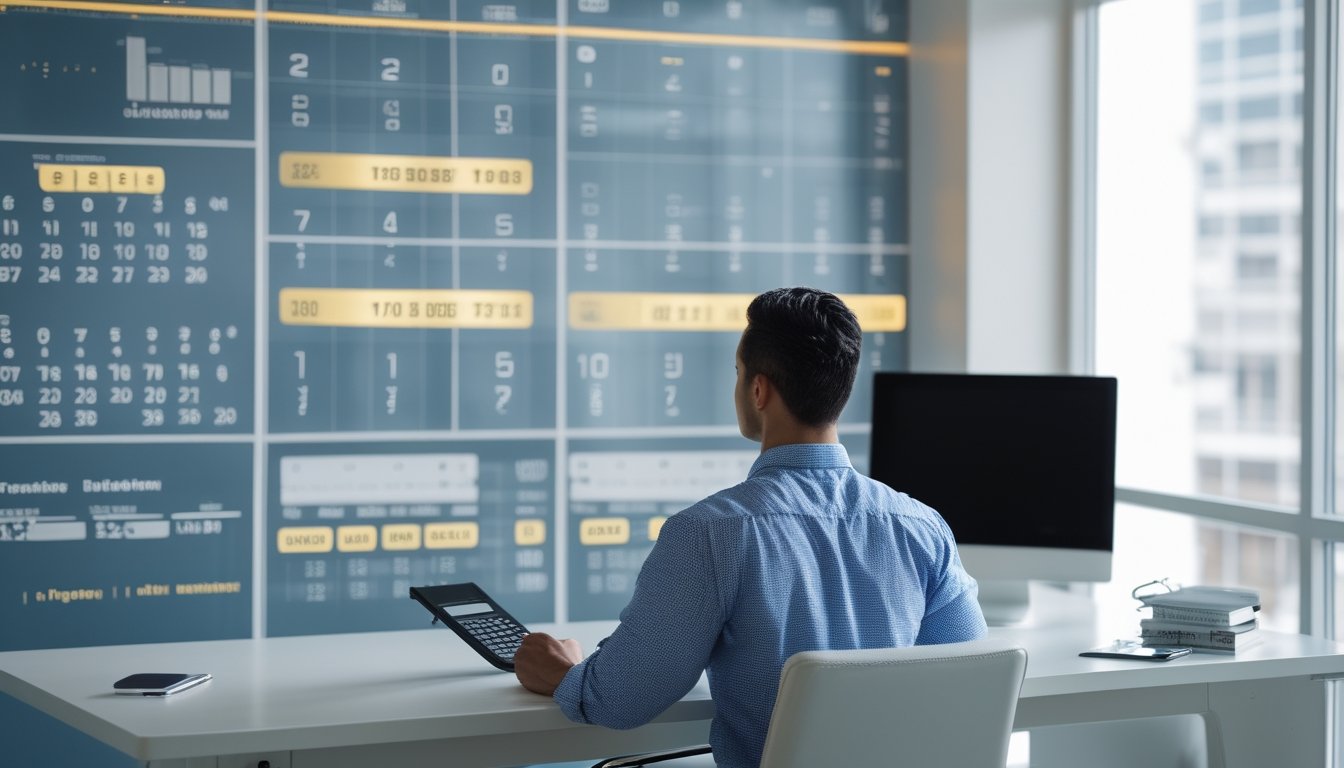 Seorang analis mempelajari grafik angka dan kalender di meja kerja modern.