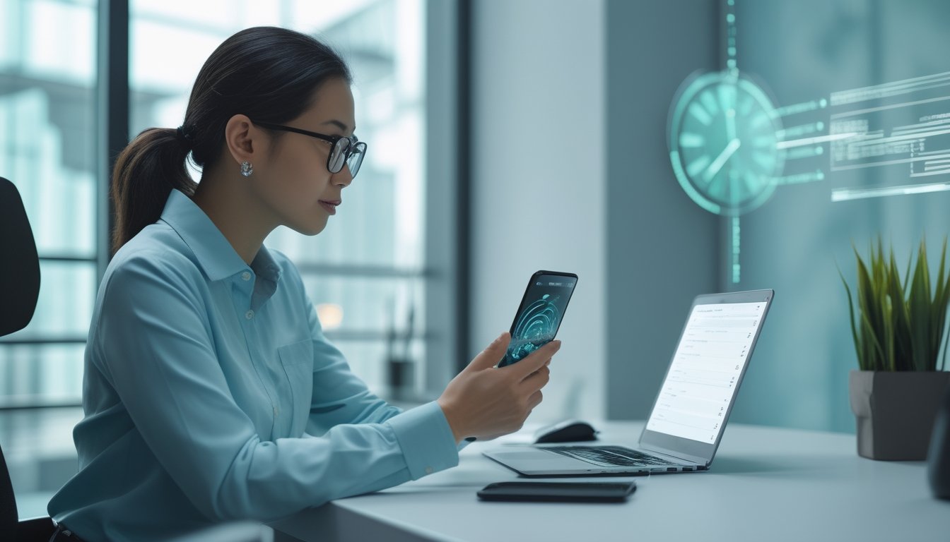 Seorang profesional meninjau transaksi digital melalui laptop dan ponsel di ruang kerja modern.