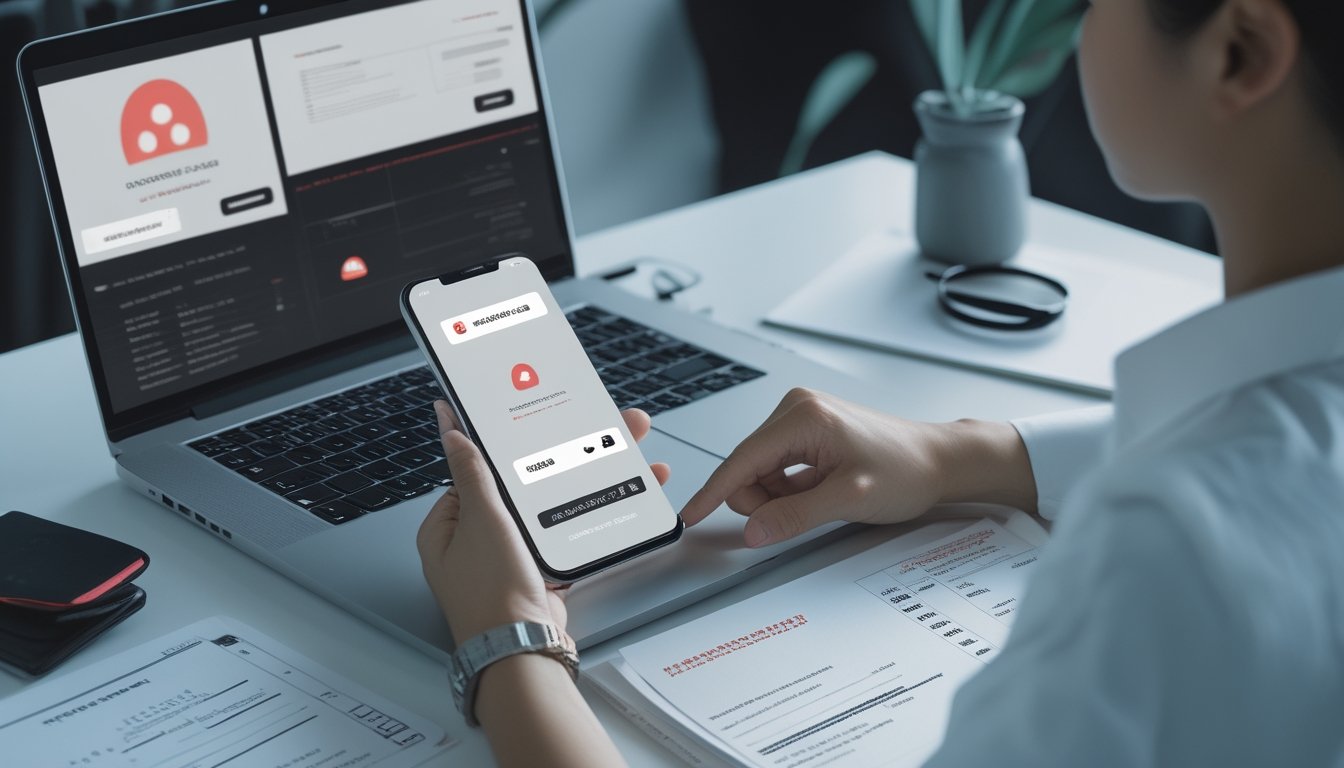 Konsumen Indonesia memeriksa informasi pembayaran digital dengan simbol peringatan di meja kerja.