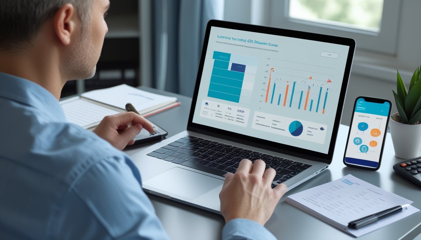 Seseorang menganalisis grafik dan tabel data abstrak di laptop pada meja kerja modern.