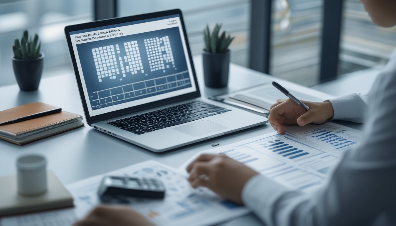 Seorang analis meninjau lembar data dan grafik abstrak di meja kerja dengan laptop dan kalkulator.