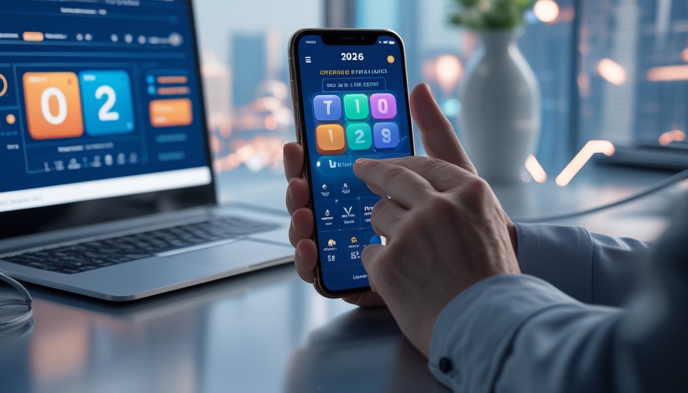 Tangan orang dewasa menggunakan ponsel dengan antarmuka permainan digital abstrak di meja kerja modern.
