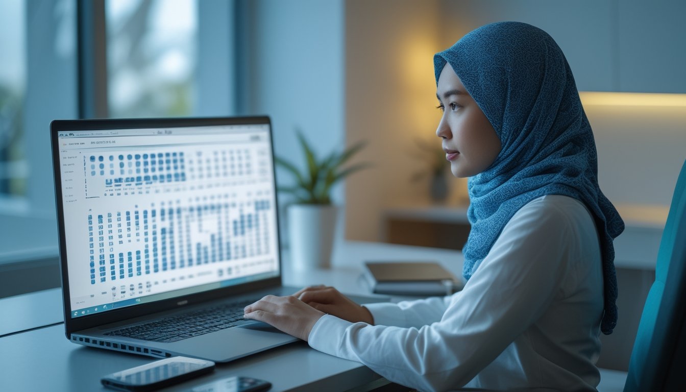 Seseorang menganalisis pola angka dan probabilitas di laptop pada meja kerja modern.