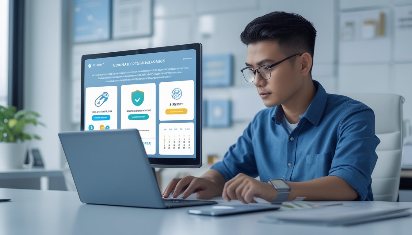 Profesional sedang membandingkan layanan digital yang aman di laptop dan ponsel pada meja kerja modern.