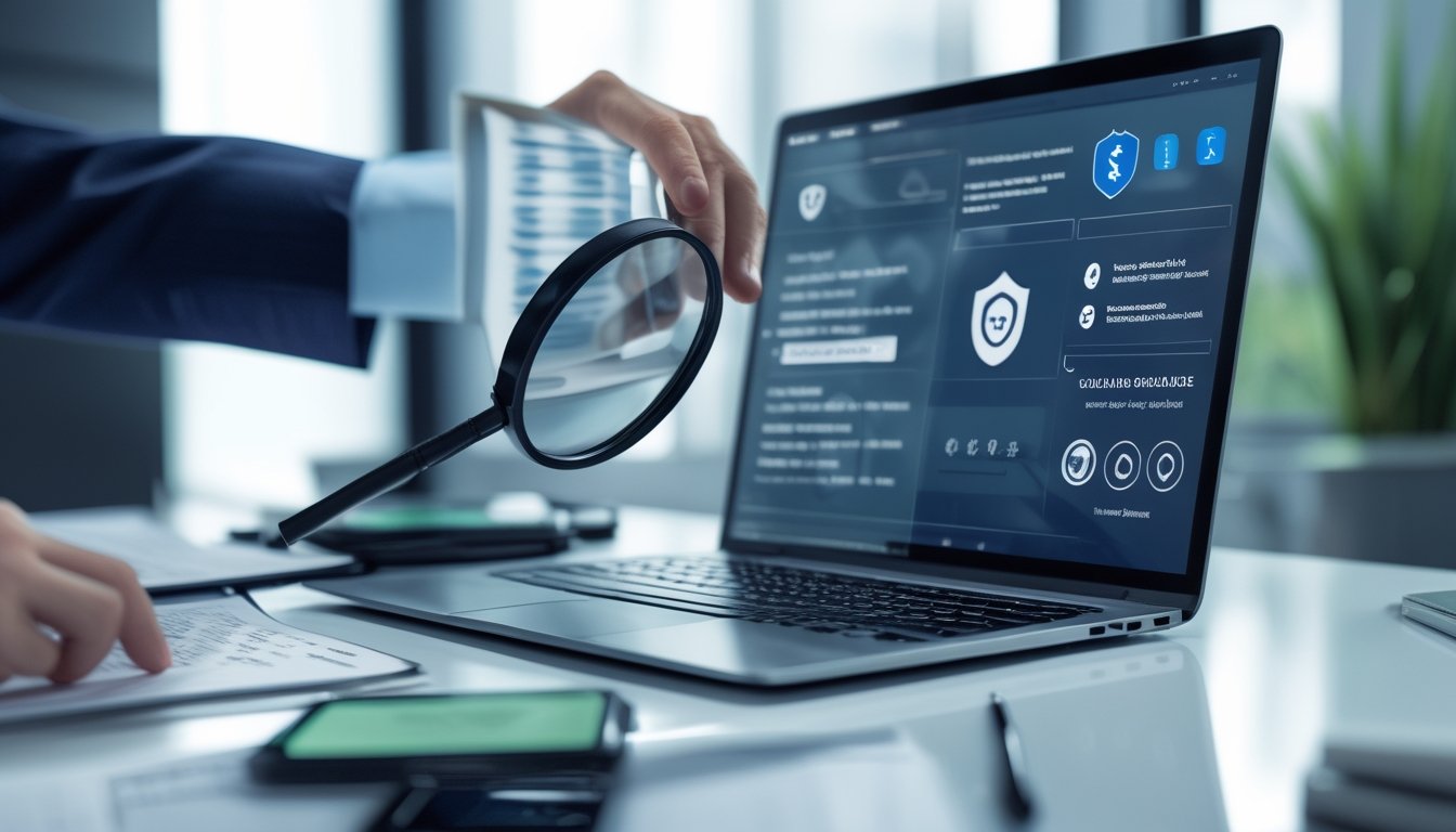 Seorang analis memeriksa keamanan dan dokumen legalitas operator online di meja kerja.