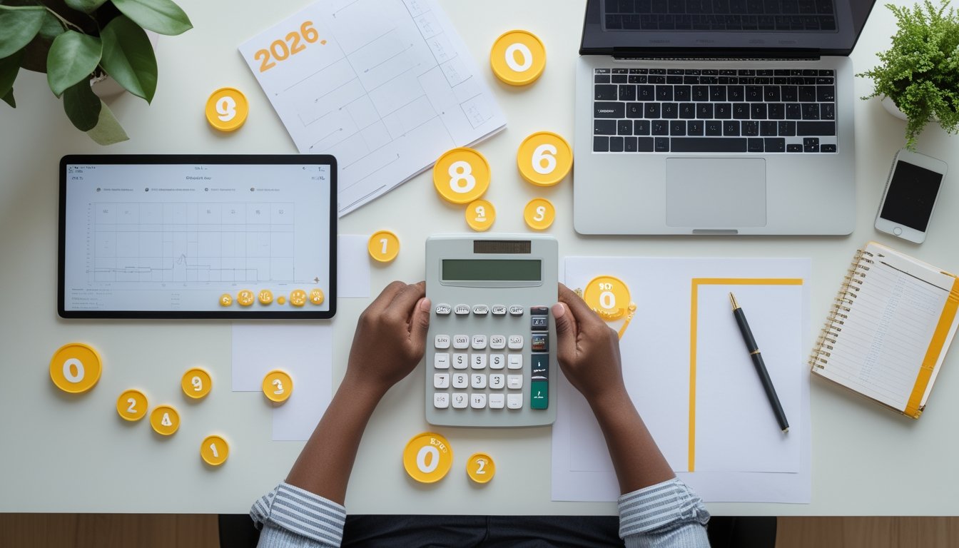 Seorang pemula mempelajari permainan angka 2D di meja dengan kertas kosong, kalkulator, token angka, dan laptop.