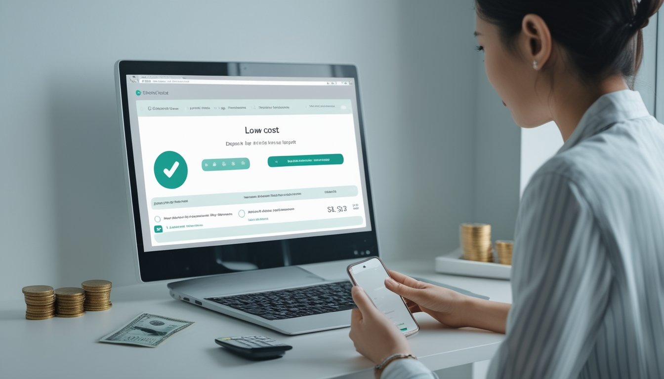 Seseorang memeriksa transaksi digital di laptop dengan dompet, koin, dan kalkulator di meja.