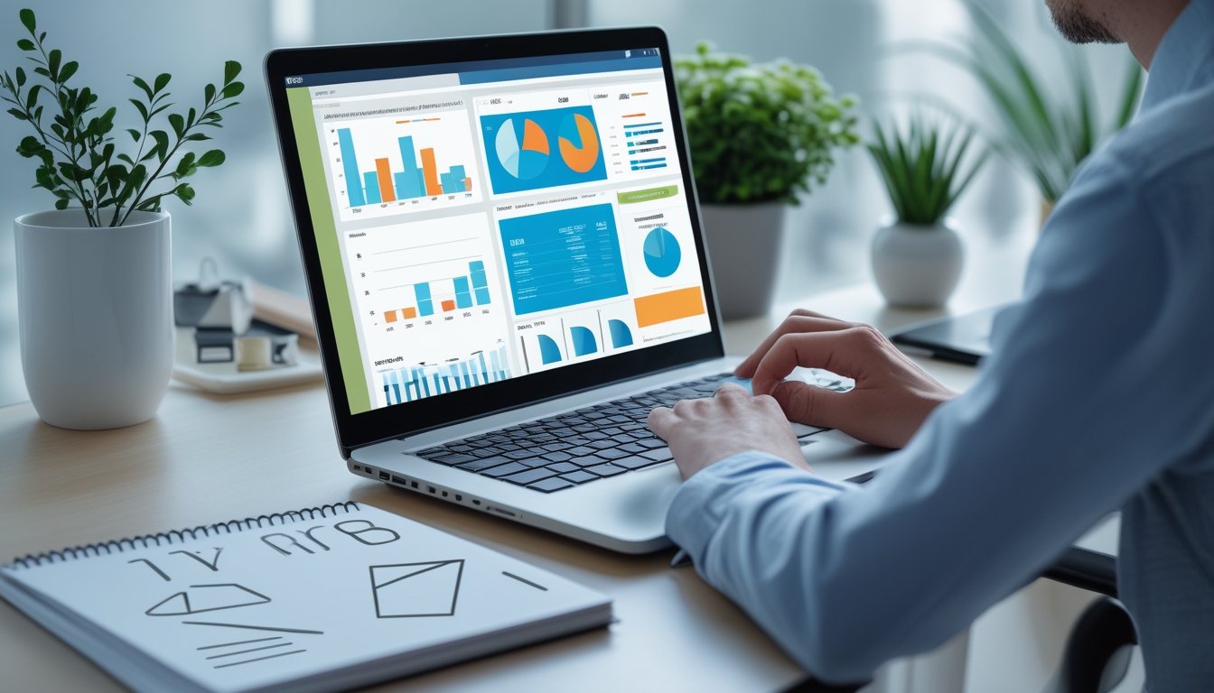 Seorang analis mempelajari grafik probabilitas abstrak di laptop pada meja kerja modern.